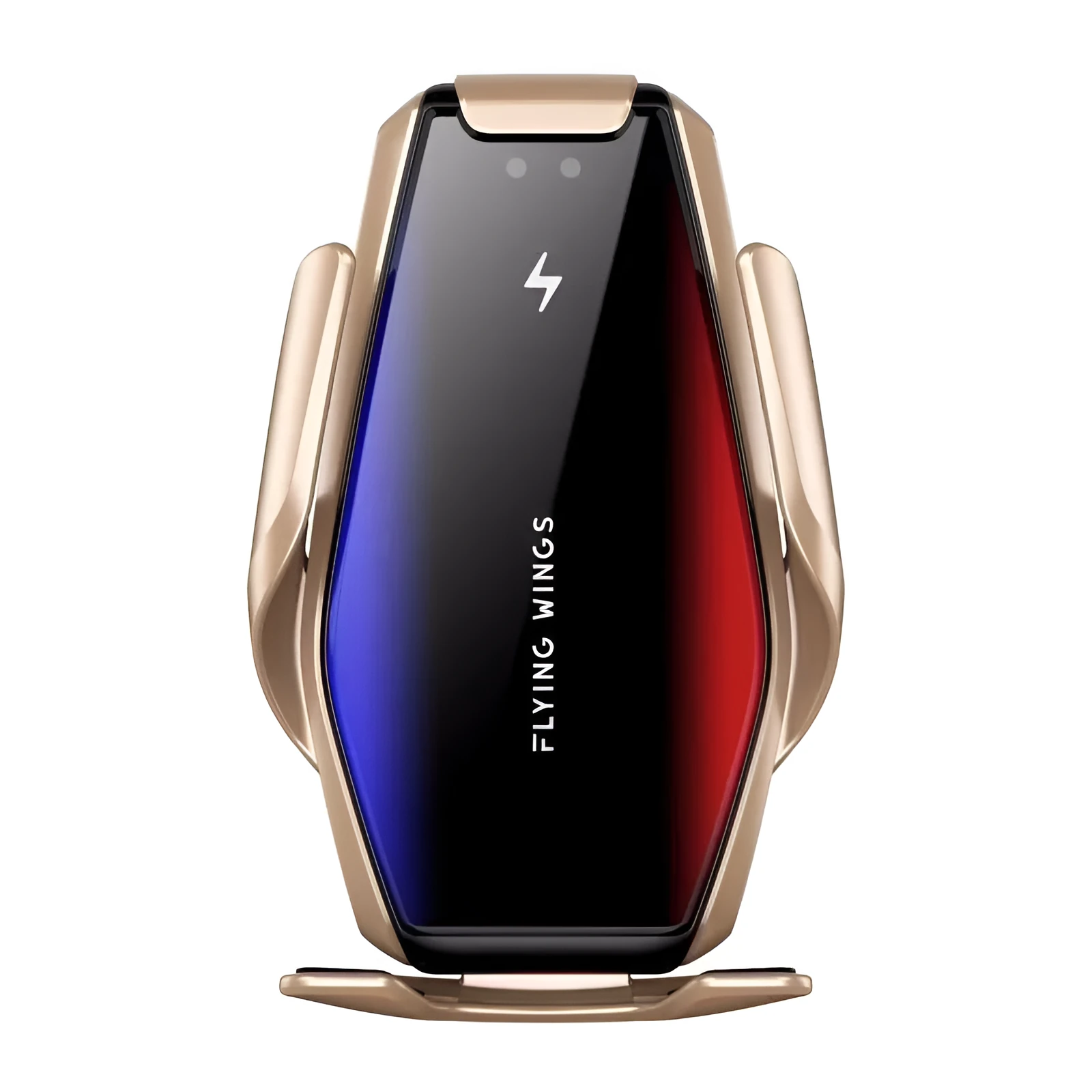 Wireless mobile phone charger in Gold with bracket open, showing coil pad and Type-0 connector