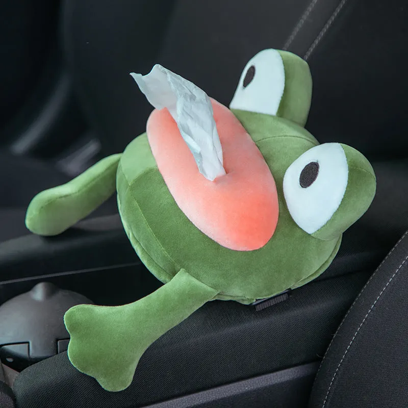 Green frog plush car tissue box hanging on seat back with telescopic buckle