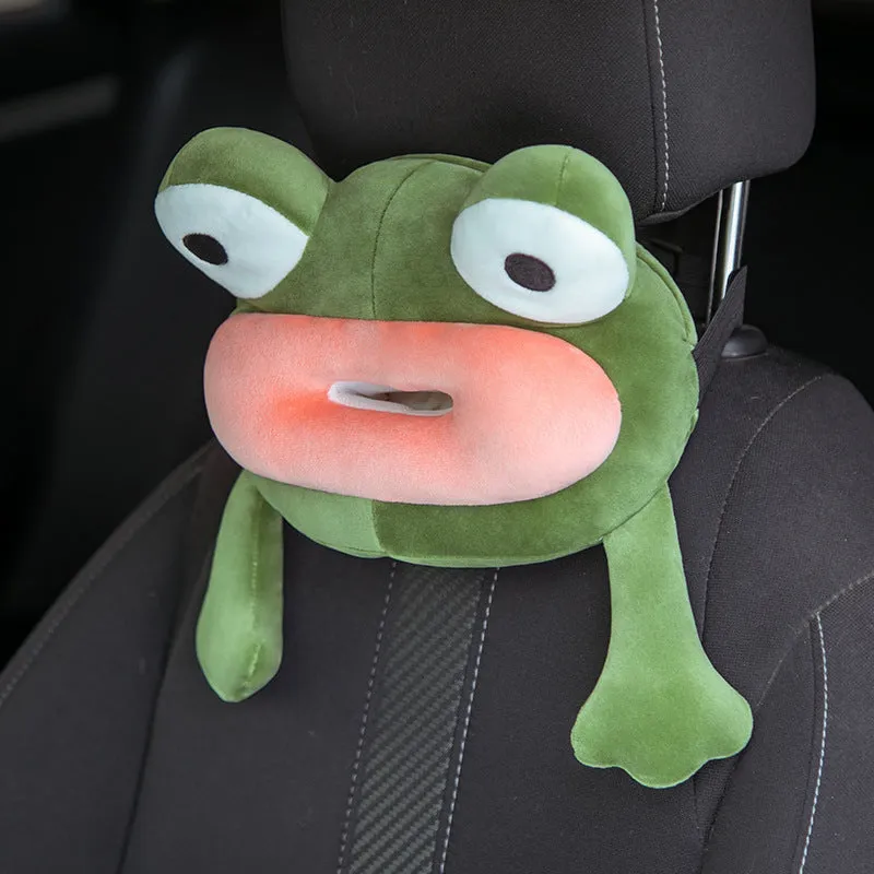 Green frog plush car tissue box hanging on seat back with telescopic buckle