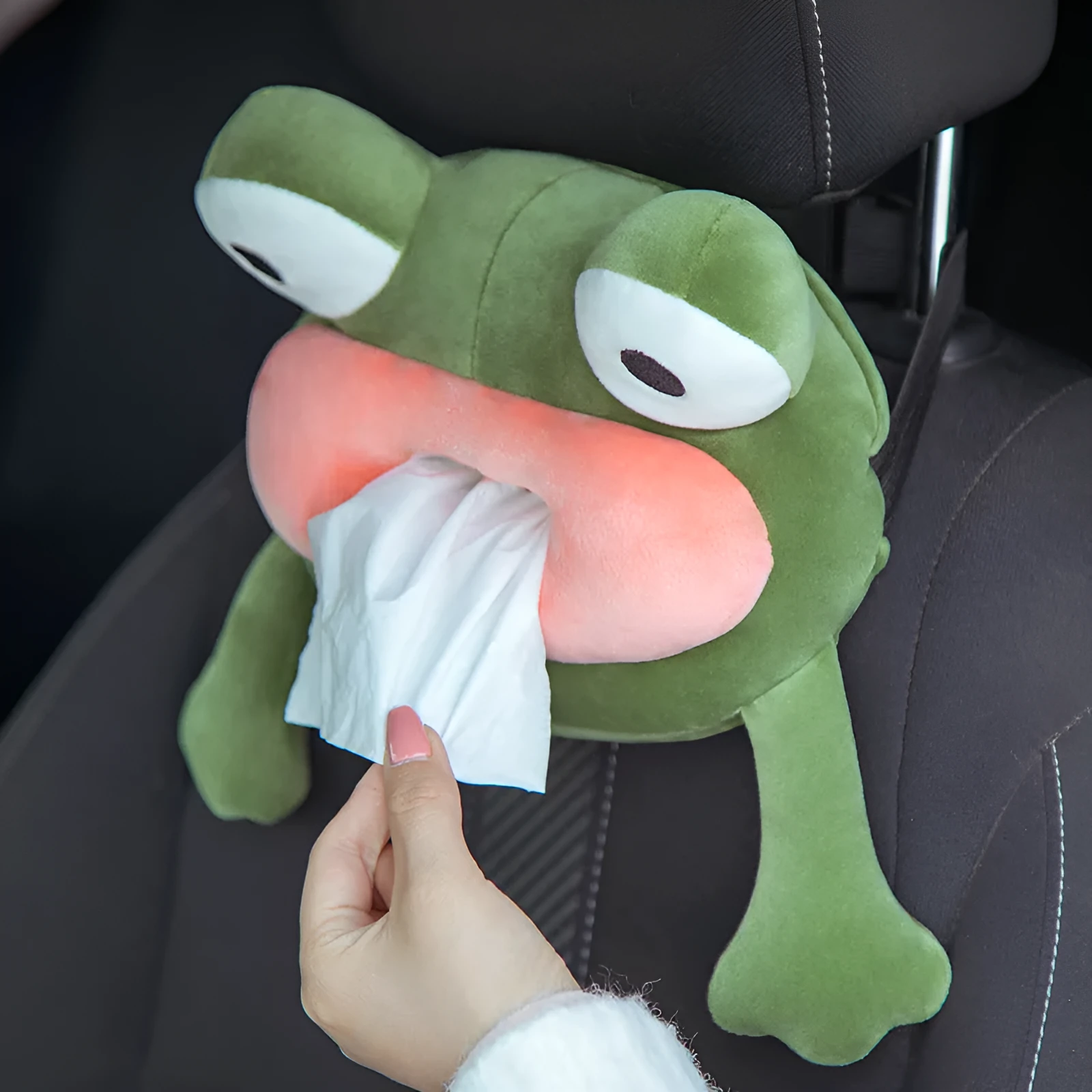 Green frog plush car tissue box hanging on seat back with telescopic buckle