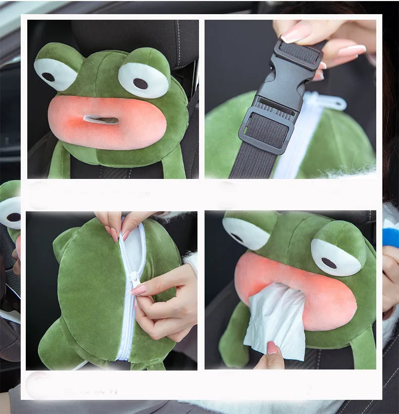 Green frog plush car tissue box hanging on seat back with telescopic buckle