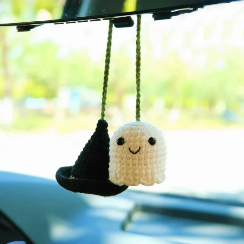 Hand-woven plush automobile hanging ornament with cartoon design for car interior decoration