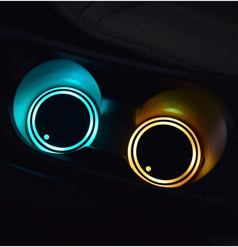 Colourful LED light-up coaster for car cup holder with USB cable and seven light colours.