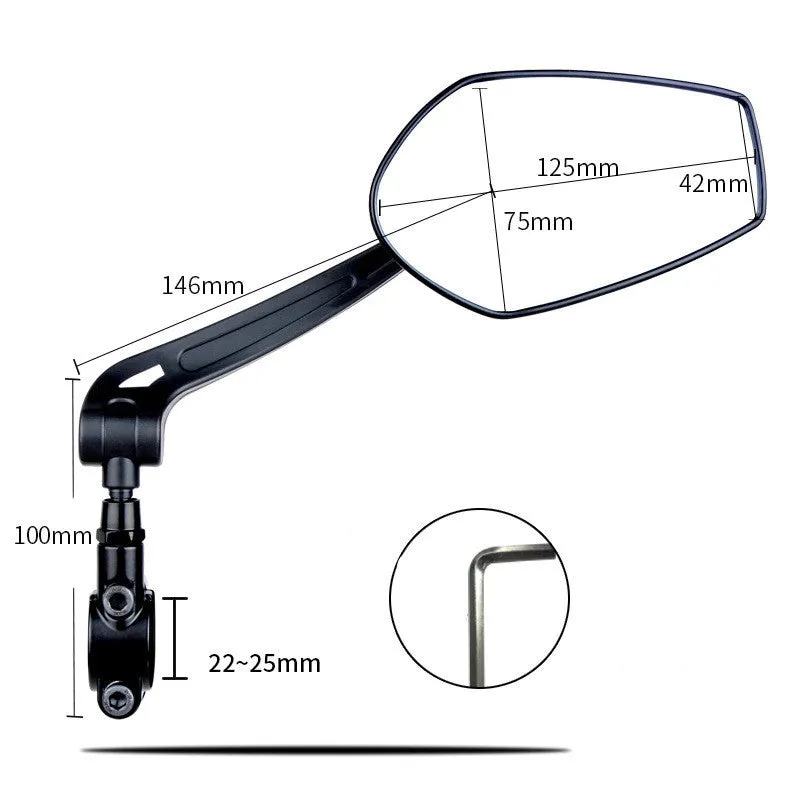 HD wide angle convex rearview mirror for bicycle with aluminium base clamped to handlebar