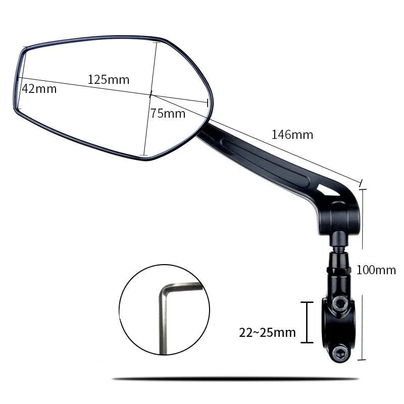 HD wide angle convex rearview mirror for bicycle with aluminium base clamped to handlebar