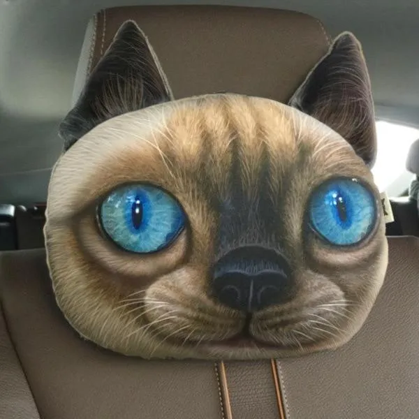 Cat car headrest pillow with cartoon print, oblong shape, removable cover for adult seat
