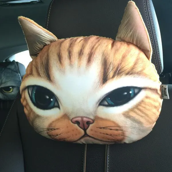 Cat car headrest pillow with cartoon print, oblong shape, removable cover for adult seat