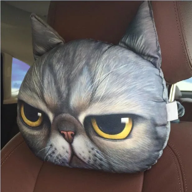 Cat car headrest pillow with cartoon print, oblong shape, removable cover for adult seat