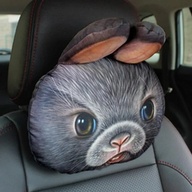 Cat car headrest pillow with cartoon print, oblong shape, removable cover for adult seat
