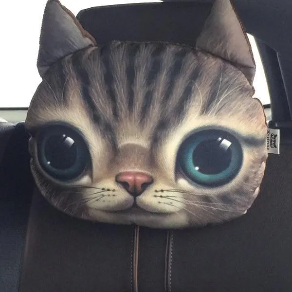 Cat car headrest pillow with cartoon print, oblong shape, removable cover for adult seat