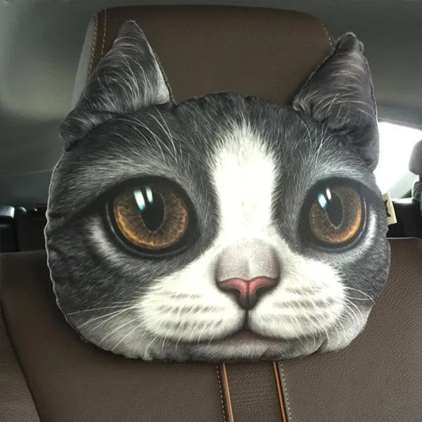 Cat car headrest pillow with cartoon print, oblong shape, removable cover for adult seat