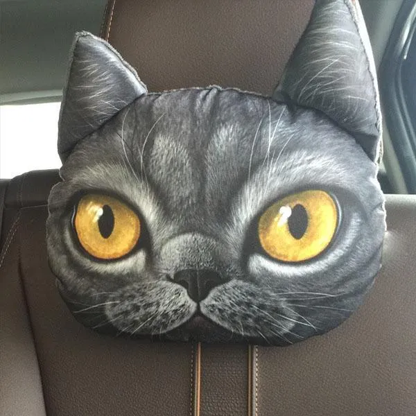 Cat car headrest pillow with cartoon print, oblong shape, removable cover for adult seat