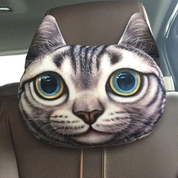 Cat car headrest pillow with cartoon print, oblong shape, removable cover for adult seat