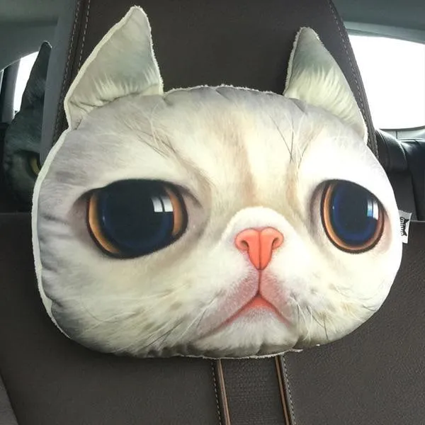 Cat car headrest pillow with cartoon print, oblong shape, removable cover for adult seat