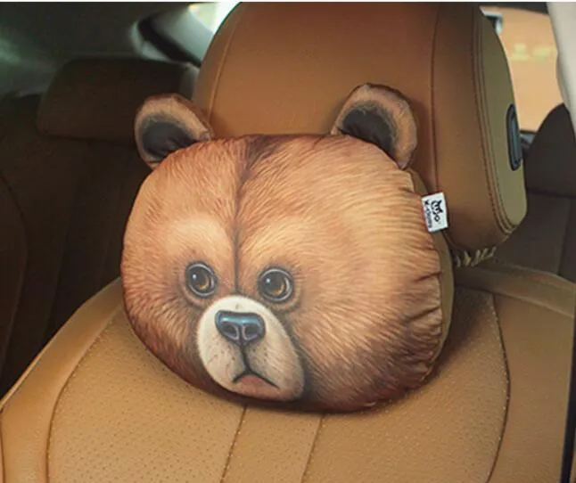 Cat car headrest pillow with cartoon print, oblong shape, removable cover for adult seat