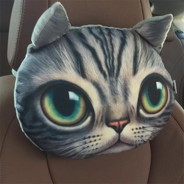 Cat car headrest pillow with cartoon print, oblong shape, removable cover for adult seat