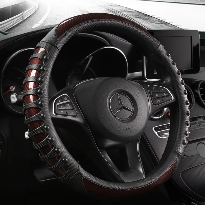 Leather silicone car steering wheel cover in business style with round fit
