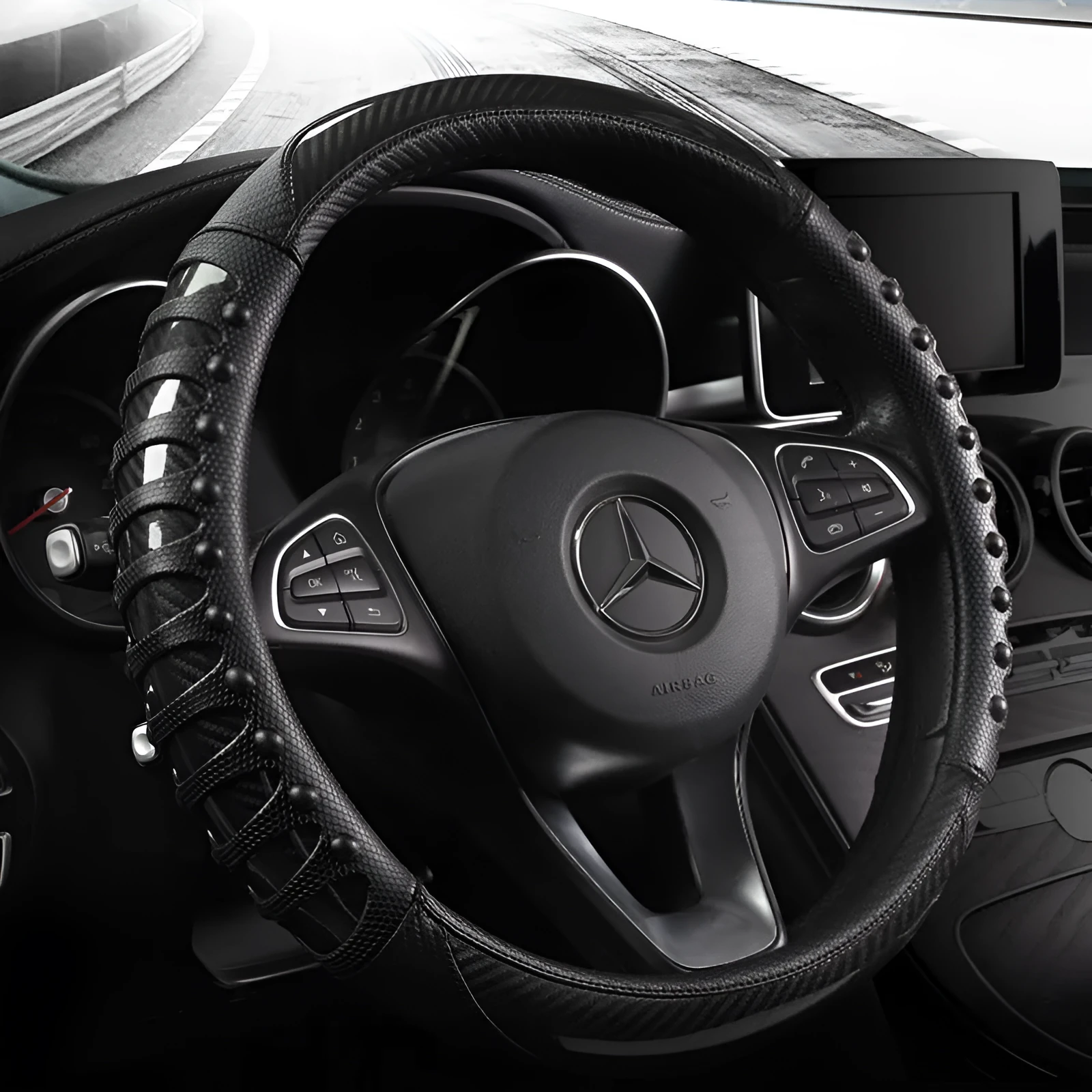 Leather silicone car steering wheel cover in business style with round fit