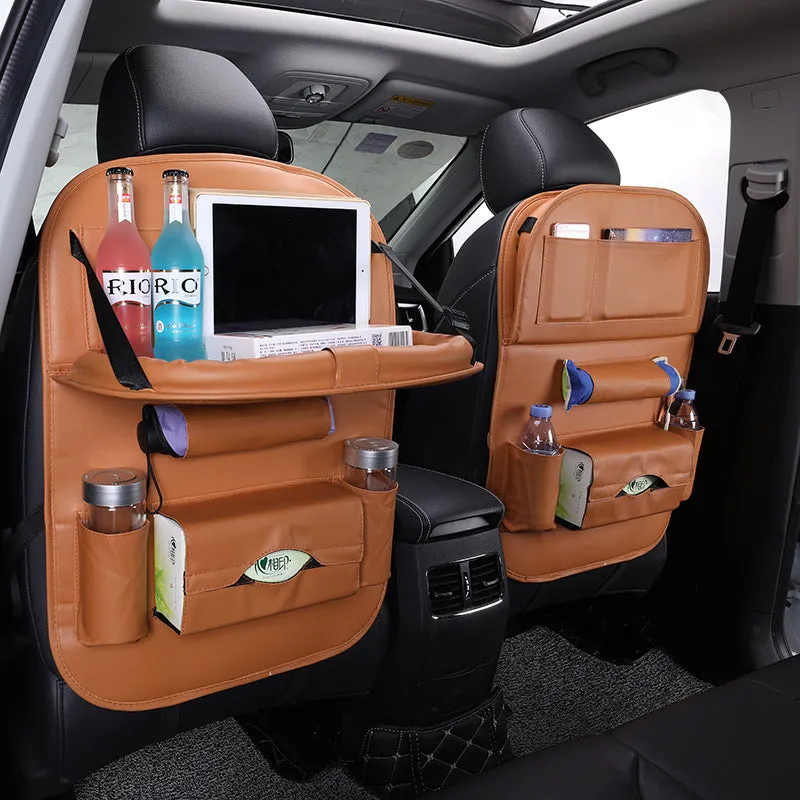Leather car seat back hanging bag in black classic style with storage pockets