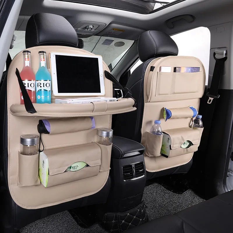 Leather car seat back hanging bag in black classic style with storage pockets