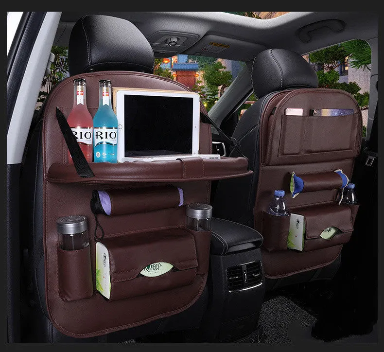 Leather car seat back hanging bag in black classic style with storage pockets