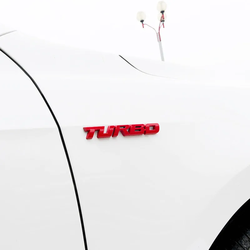 3D TURBO stereo car sticker in zinc alloy with raised letter design, available in black, red, and silver colours