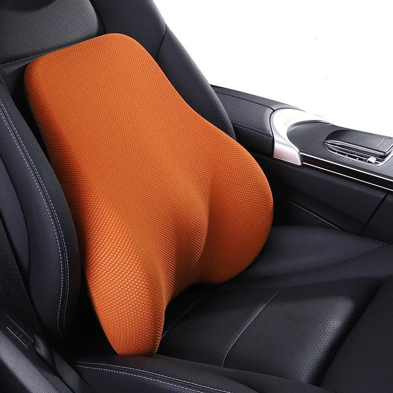 Ergonomic car headrest and lumbar support cushion with BASF memory foam in breathable starry sky net fabric on a car seat