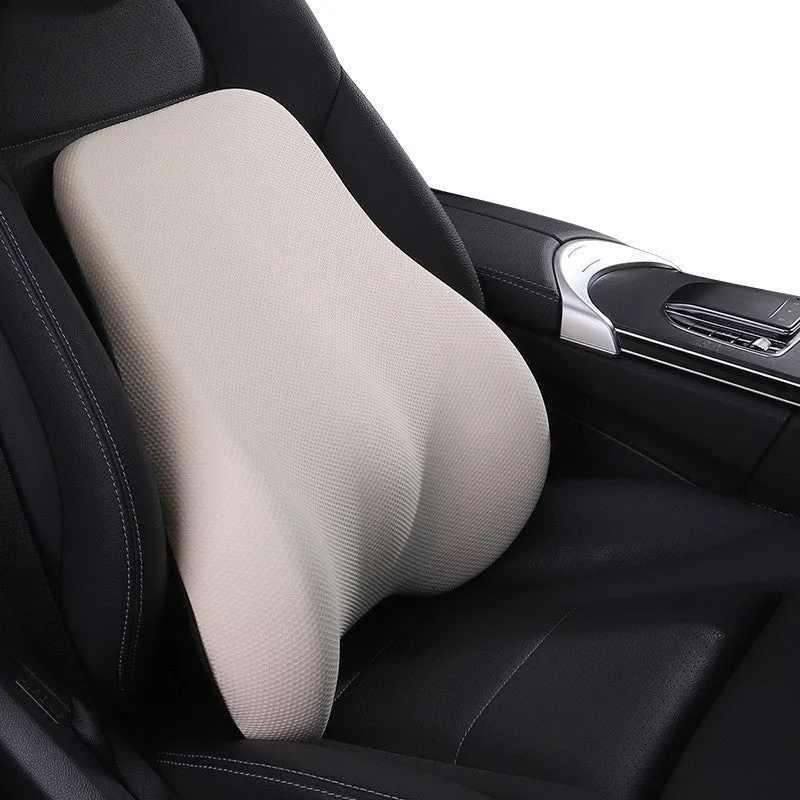 Ergonomic car headrest and lumbar support cushion with BASF memory foam in breathable starry sky net fabric on a car seat