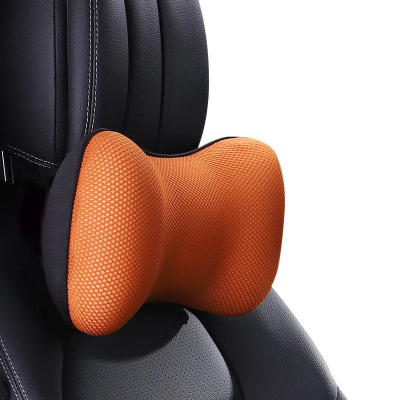 Ergonomic car headrest and lumbar support cushion with BASF memory foam in breathable starry sky net fabric on a car seat