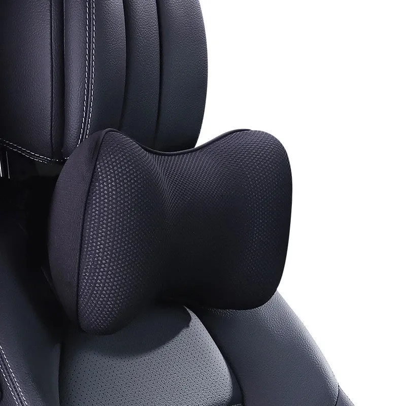 Ergonomic car headrest and lumbar support cushion with BASF memory foam in breathable starry sky net fabric on a car seat