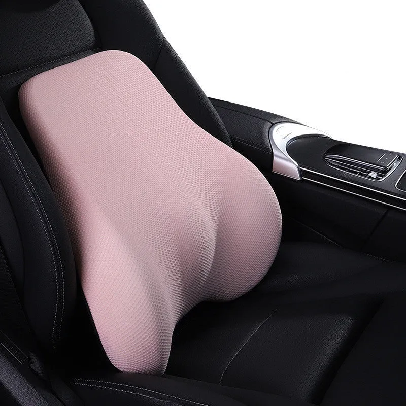 Ergonomic car headrest and lumbar support cushion with BASF memory foam in breathable starry sky net fabric on a car seat