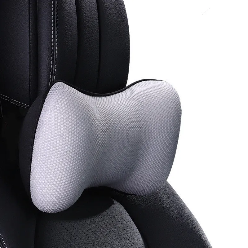 Ergonomic car headrest and lumbar support cushion with BASF memory foam in breathable starry sky net fabric on a car seat