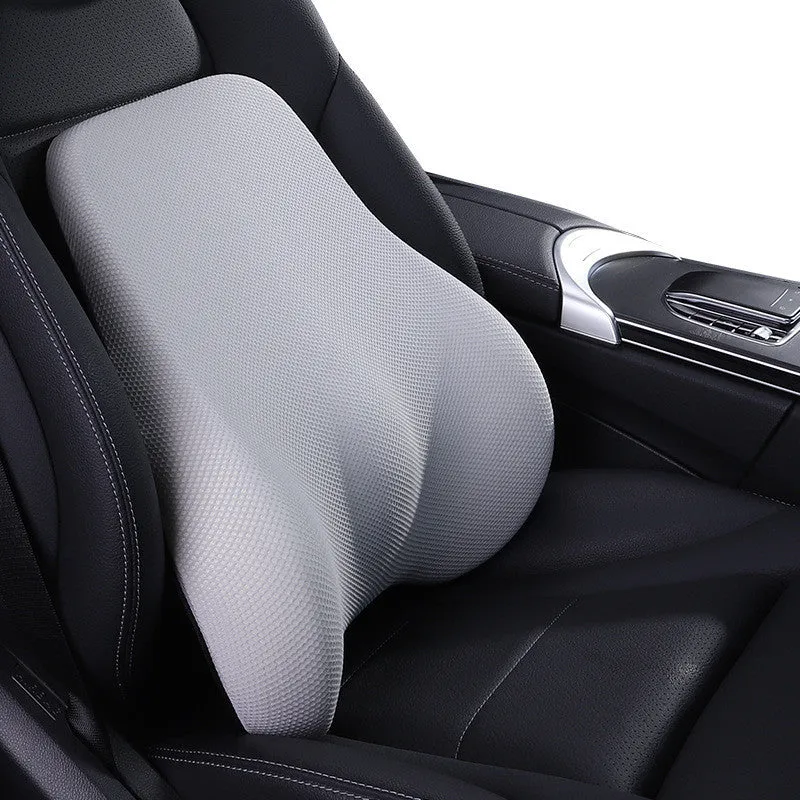 Ergonomic car headrest and lumbar support cushion with BASF memory foam in breathable starry sky net fabric on a car seat