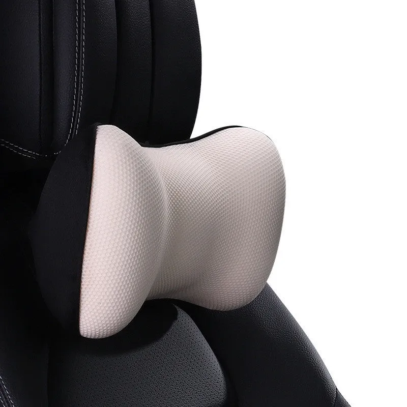 Ergonomic car headrest and lumbar support cushion with BASF memory foam in breathable starry sky net fabric on a car seat