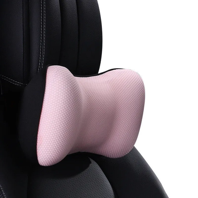Ergonomic car headrest and lumbar support cushion with BASF memory foam in breathable starry sky net fabric on a car seat