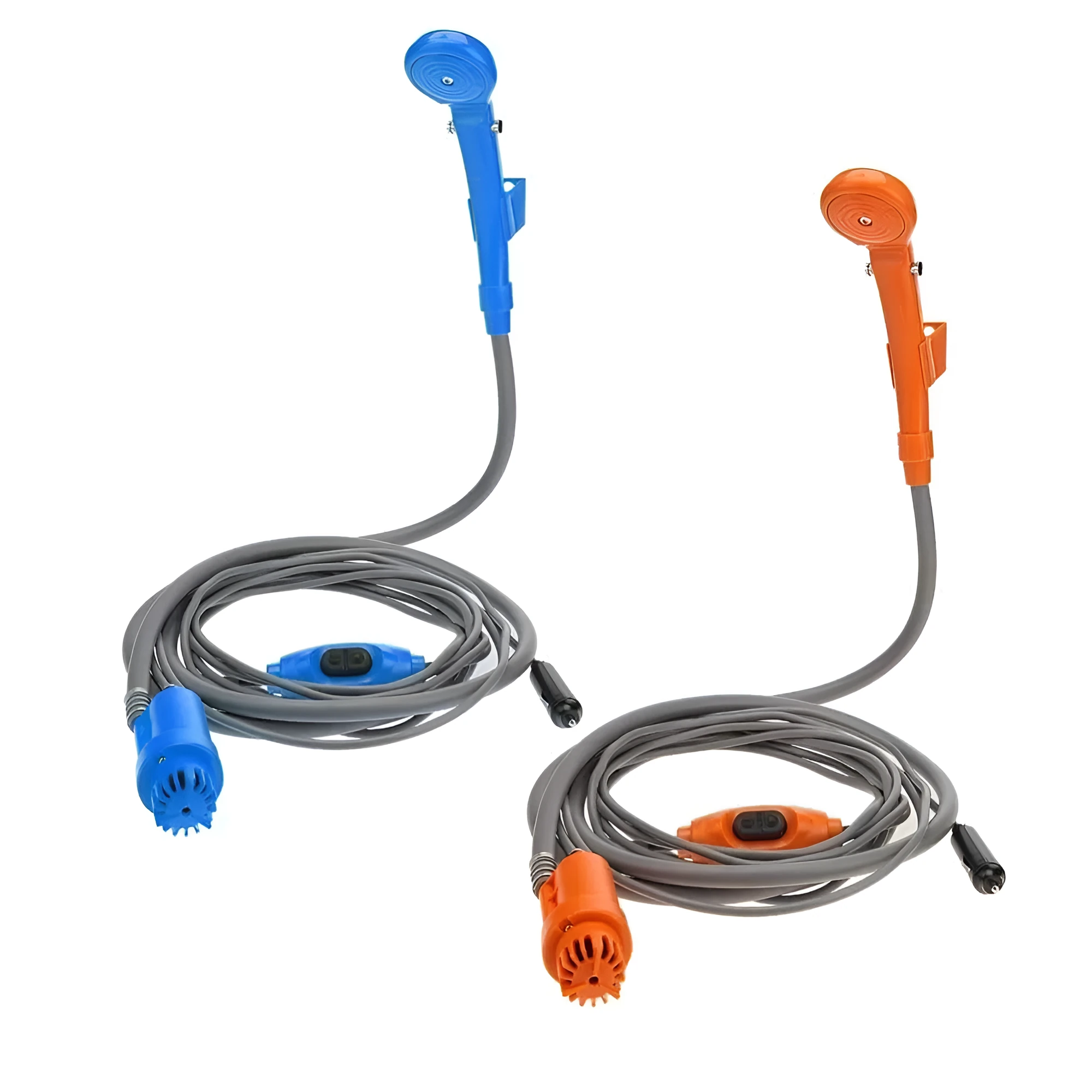 Portable DC shower in blue with car cigarette lighter plug, 2m soft water pipe, and hanging nozzle kit