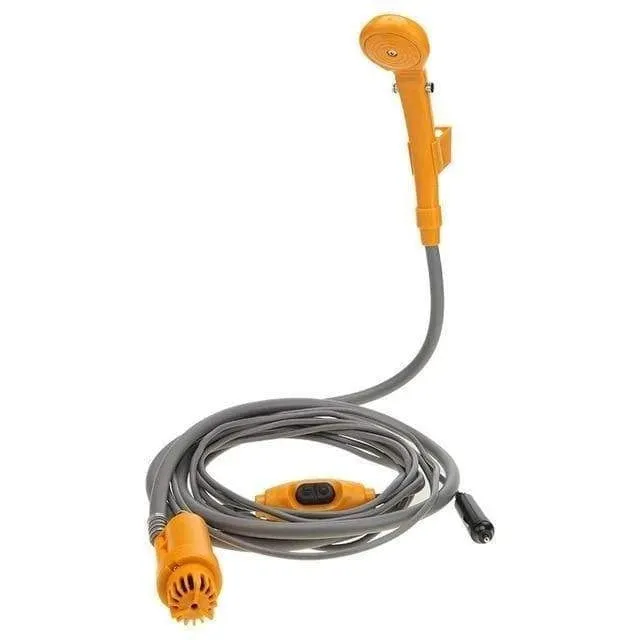 Portable DC shower in blue with car cigarette lighter plug, 2m soft water pipe, and hanging nozzle kit