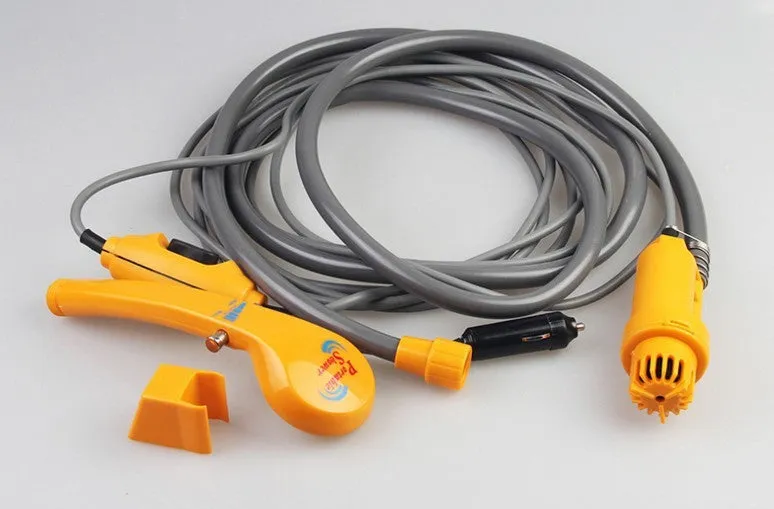 Portable DC shower in blue with car cigarette lighter plug, 2m soft water pipe, and hanging nozzle kit