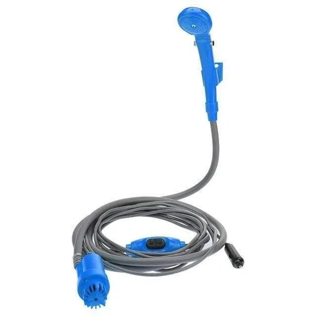 Portable DC shower in blue with car cigarette lighter plug, 2m soft water pipe, and hanging nozzle kit