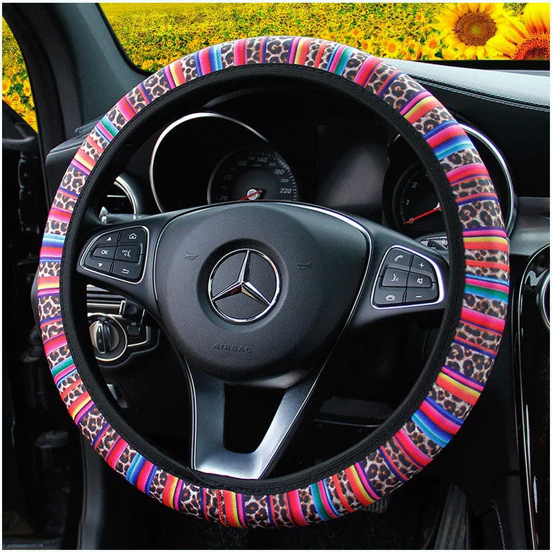 Elastic steering wheel cover with cactus and sunflower print in stretch knitted fabric for 38CM wheels