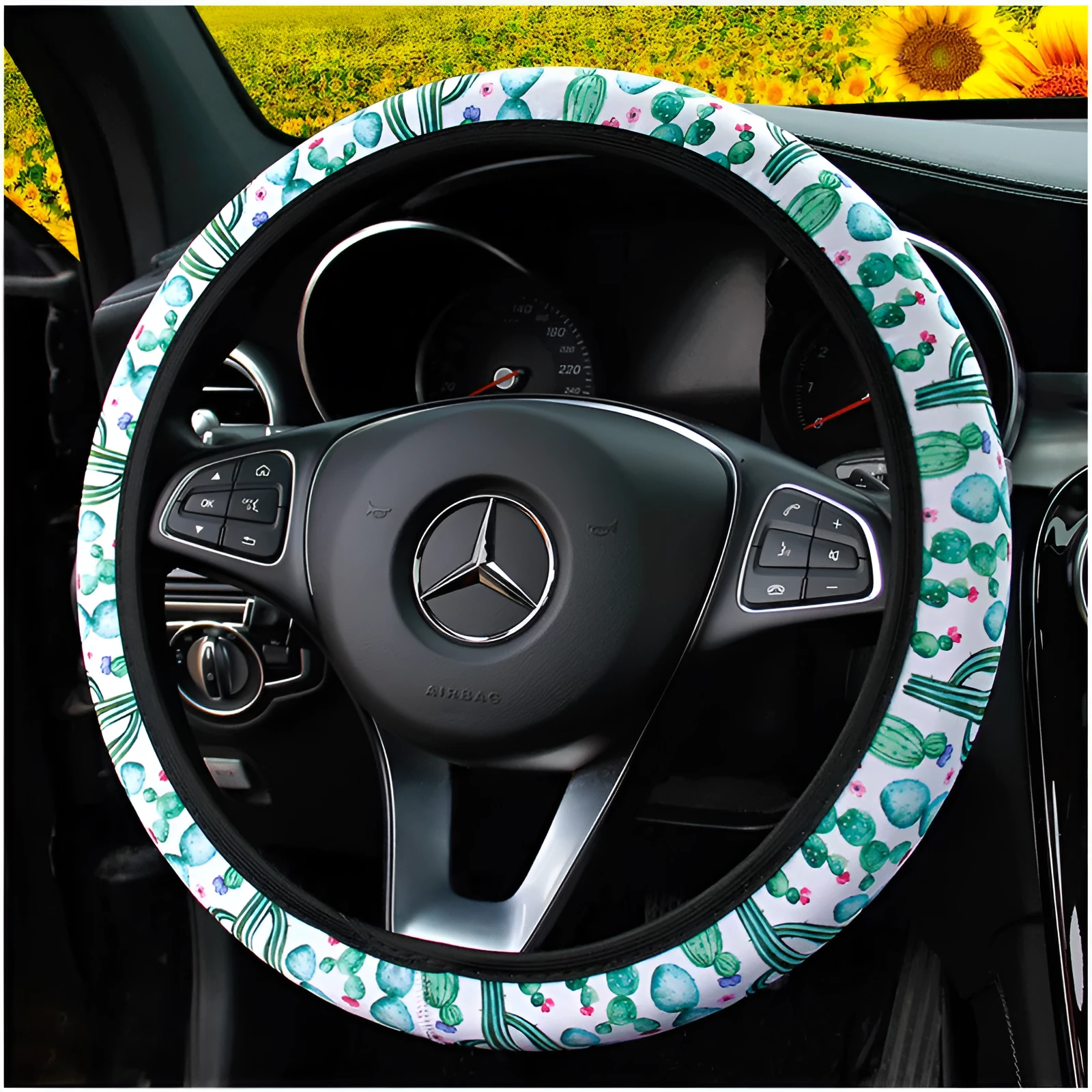 Elastic steering wheel cover with cactus and sunflower print in stretch knitted fabric for 38CM wheels
