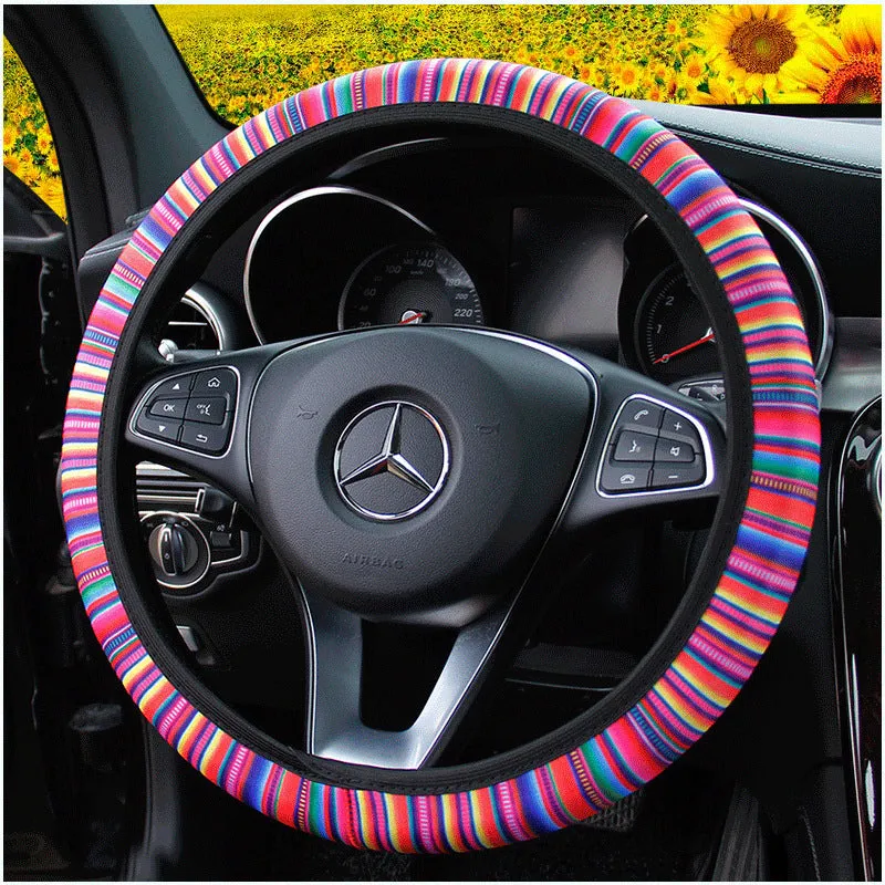 Elastic steering wheel cover with cactus and sunflower print in stretch knitted fabric for 38CM wheels
