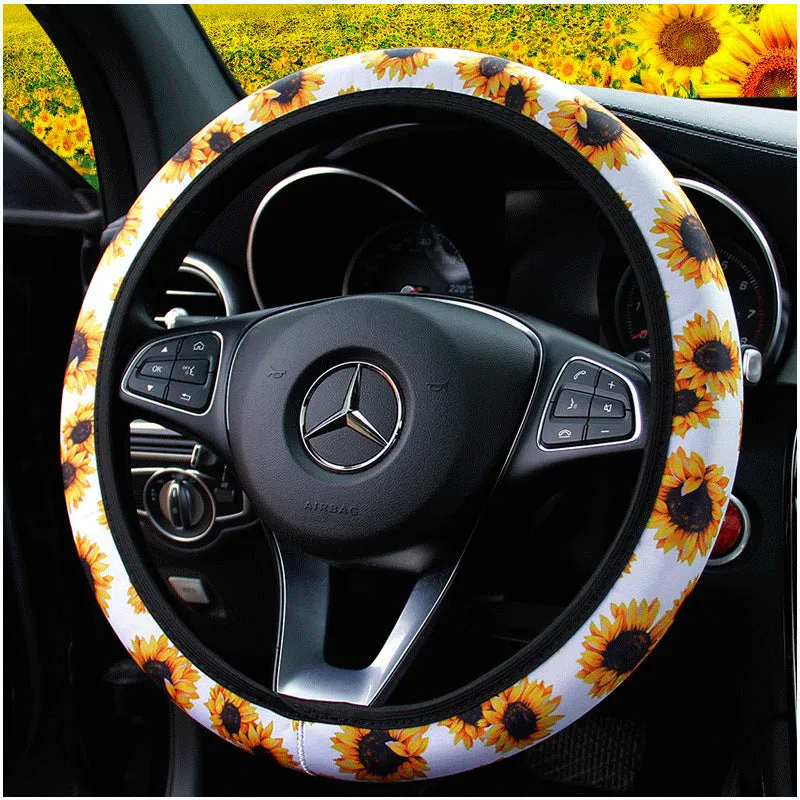 Elastic steering wheel cover with cactus and sunflower print in stretch knitted fabric for 38CM wheels
