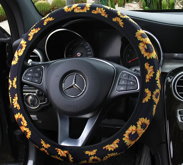 Elastic steering wheel cover with cactus and sunflower print in stretch knitted fabric for 38CM wheels