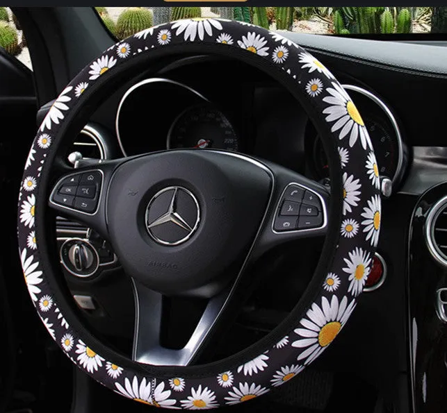 Elastic steering wheel cover with cactus and sunflower print in stretch knitted fabric for 38CM wheels