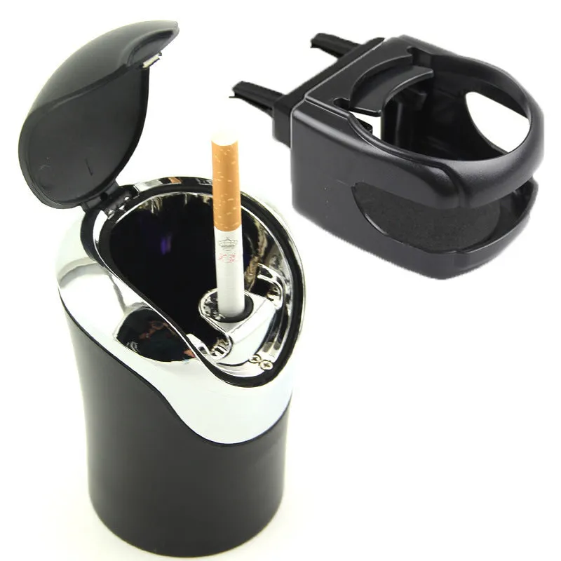 Black car ashtray with luminous ring and detachable stainless steel liner on a car seat