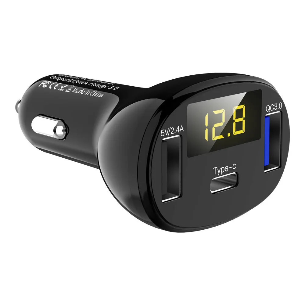C02 car charger with digital display, ABS casing, USB output, black colour, for vehicle use