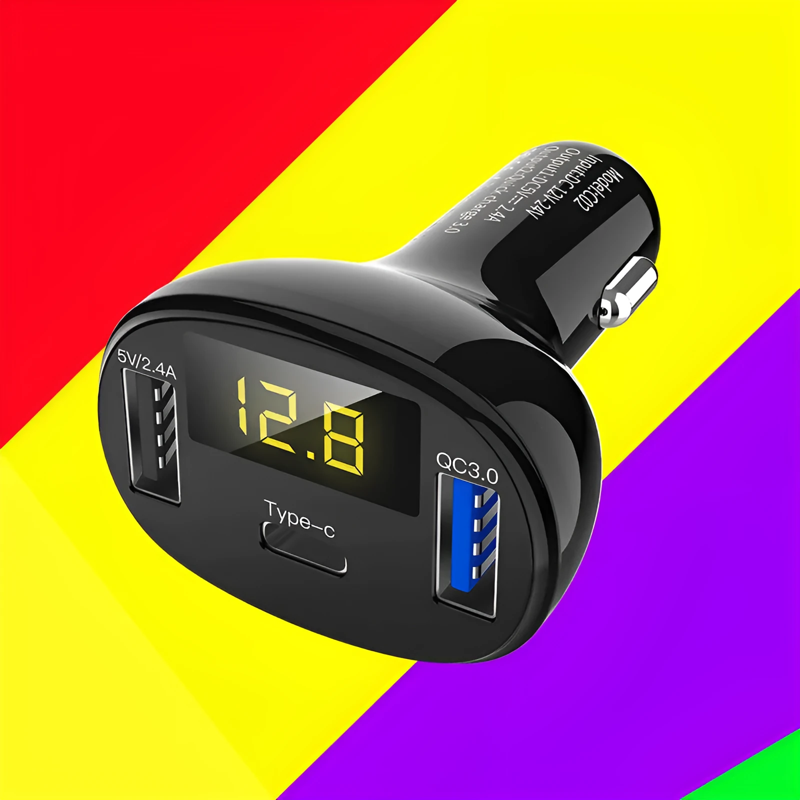 C02 car charger with digital display, ABS casing, USB output, black colour, for vehicle use