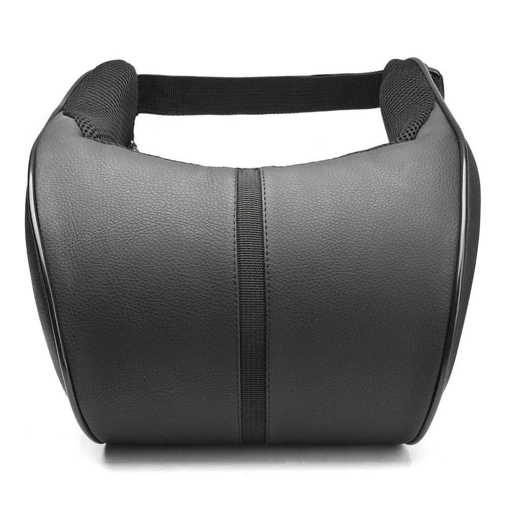 Black memory foam neck pillow car headrest with slow rebound and leather surface on a seat
