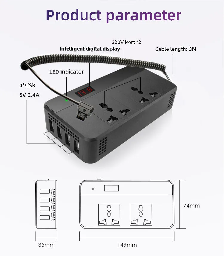 Automotive power inverter with PC fireproof housing showing AC and USB outputs, 149x74x35mm
